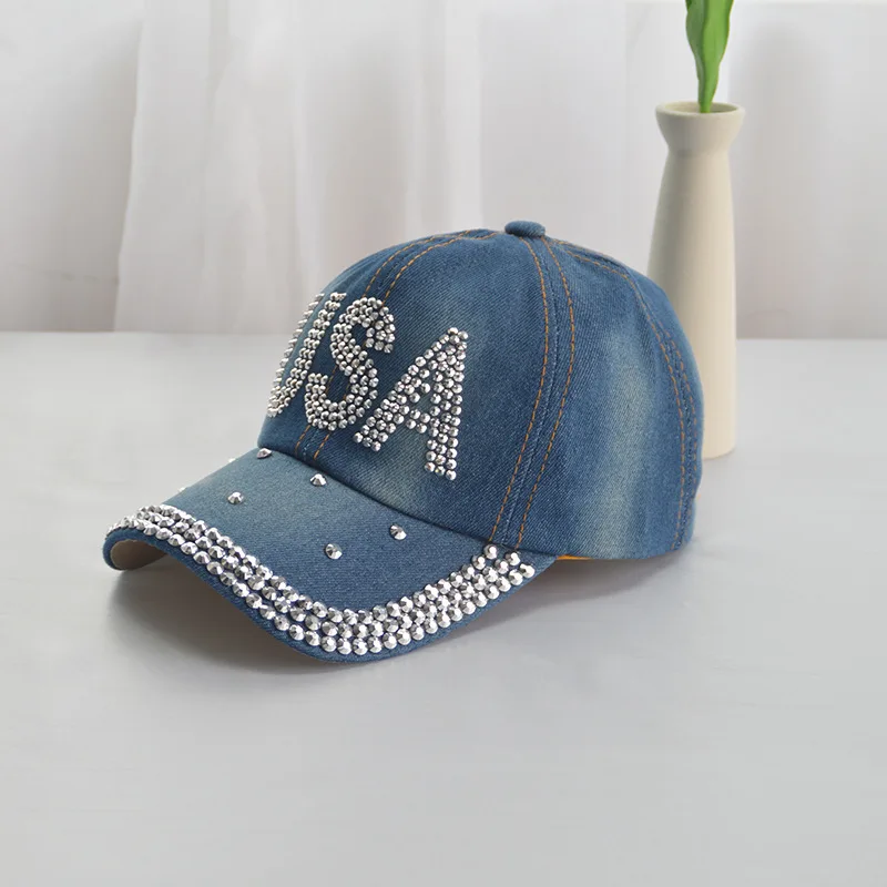 Baseball Cap Women Rhinestone Denim Cloth Sunshade Snapback Hats For Women Summer Spring Travel Sun Hat USA Outdoor Casual New