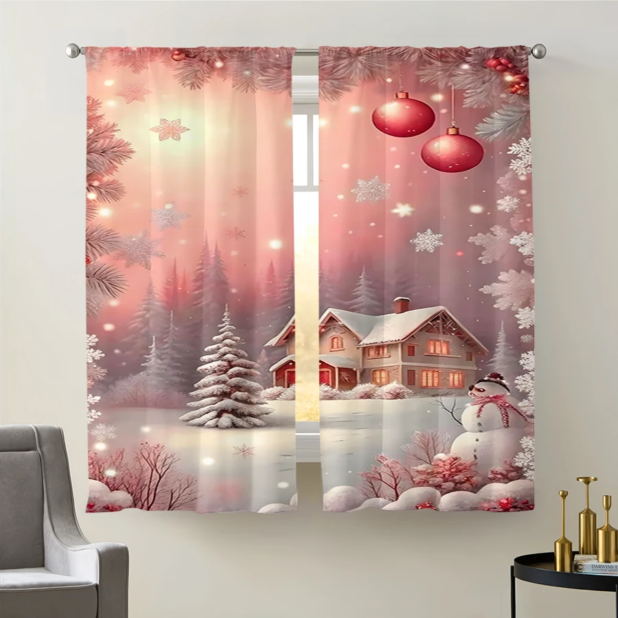 2PCS Christmas Winter Curtains, Snowy Cabin Scene, Digital Print, Bedroom Living Room, Rod Pocket, Polyester, Home Decor