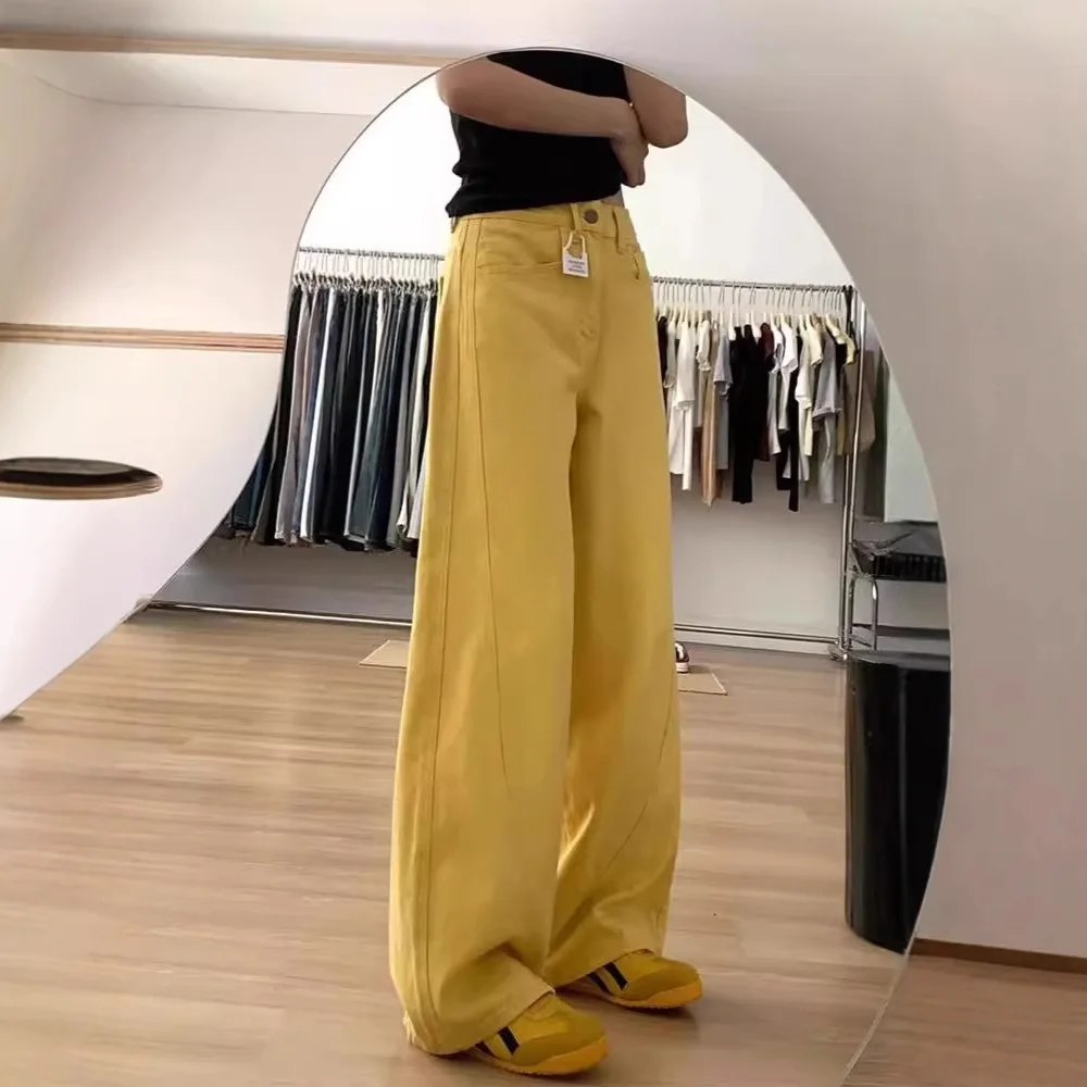 Women's Yellow High Waist Wide Leg Jeans, Casual Baggy Denim Pants with Stitched Details, Loose Fit Straight Leg Trousers