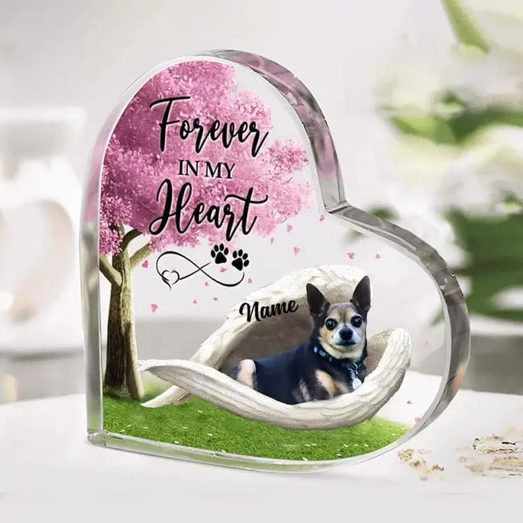 Personalized Chihuahua Sleeping Angel Acrylic Heart Shaped Plaque, Pet Remembrance Keepsake Desk Heart Decor, Memorial Gifts for Loss of Dog