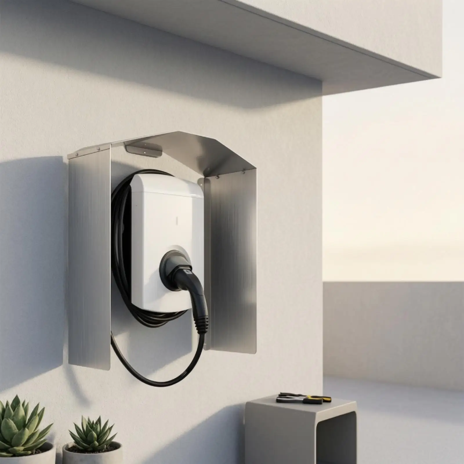 Outdoor Charging Station Canopy Cover for EV Charger Aluminum Brushed Silver Weatherproof Wall Mounted Equipment Guard