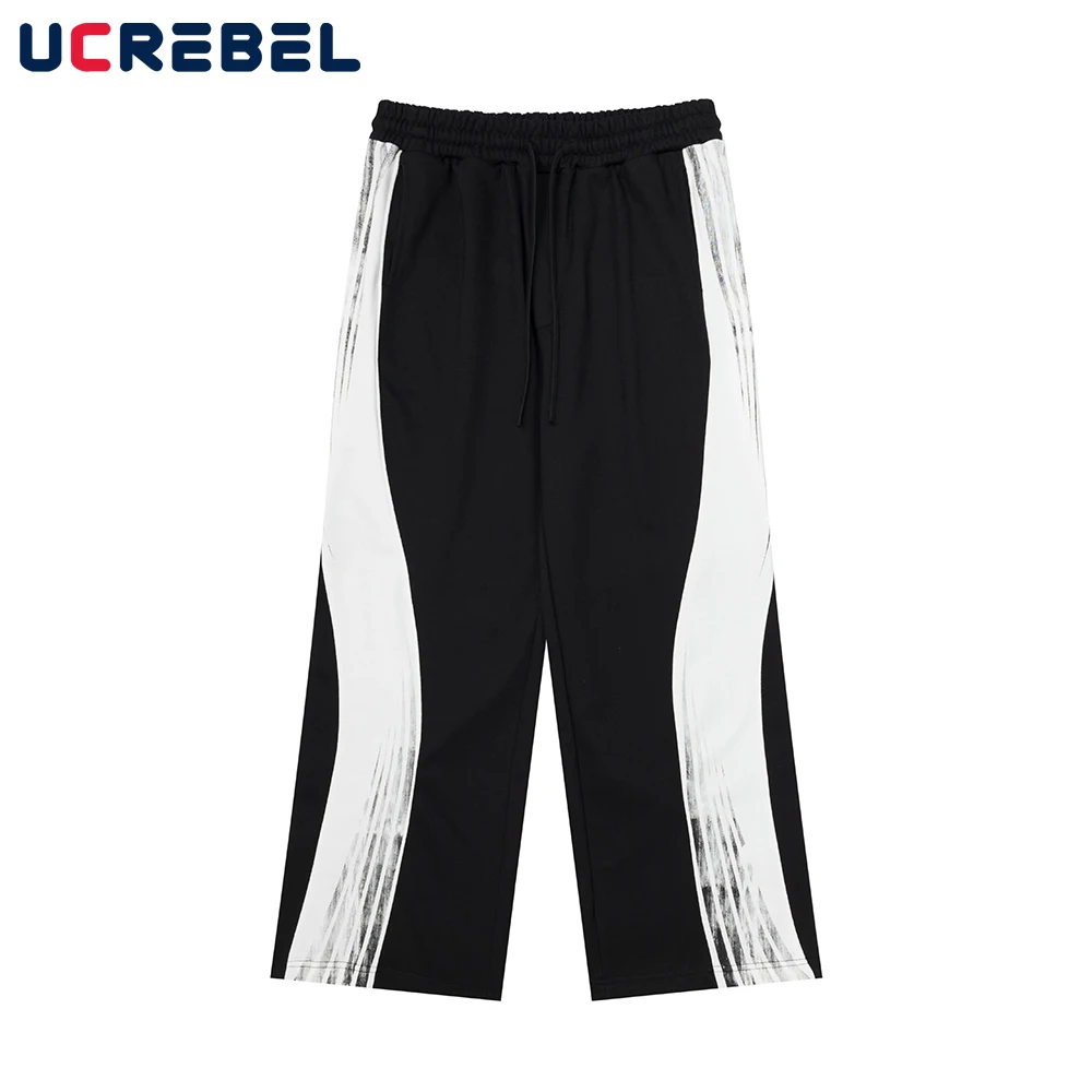 Side Stripe Print Spliced Sweatpants Mens High Street Spring Drawstring Elastic Waist Loose Wide Leg Sports Pants Men