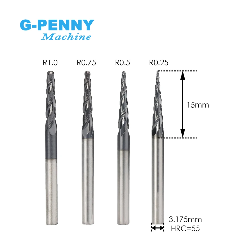 1pcs-R0.25 R0.5 R0.75 R1.0 D=3.175mm CNC Tungsten Solid Carbide Coated Tapered Ball Nose End Mills Taper Cone Bit Milling Cutter