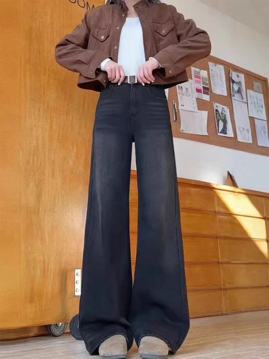 

High Waist Straight Leg Black Jeans Women's Spring Summer plus Size Loose Fit Slimming Wide Leg Floor-Length Trousers