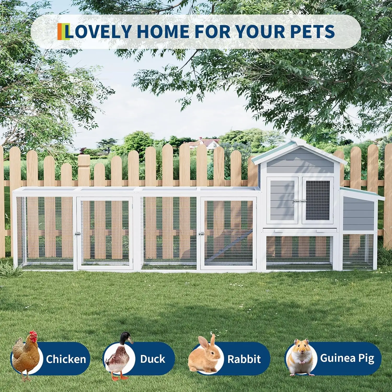 

122'' Weatherproof Large Wooden Chicken Coop Outdoor Multi-Pet Hen House For 3-6 Chickens Ducks Rabbits Poultry Cage With Run