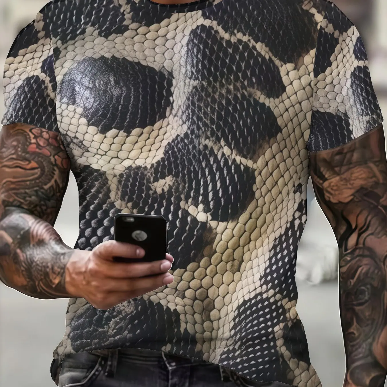 Men's2026-2027 3D Realistic Snake Skin Scale Print T-Shirt Crew Neck Short Sleeve Animal Texture Streetwear Casual Tee Top