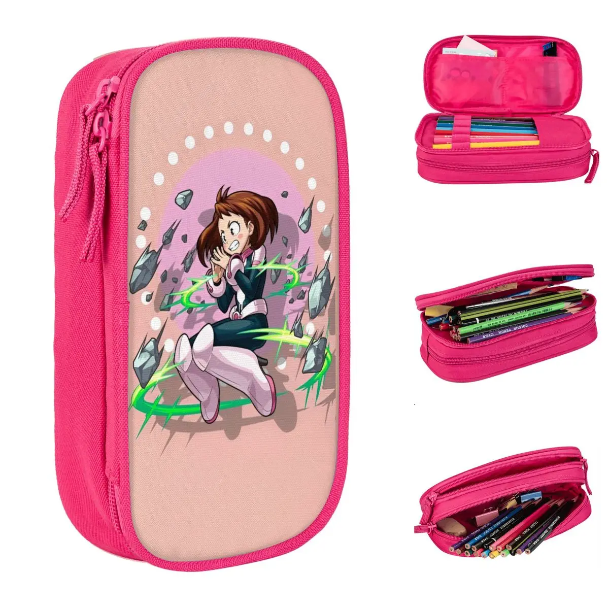 Ochaco-My Hero Academia Anime Lápis Casos, Porta Caneta para Meninas e Meninos, Sacos de Grande Capacidade, Zipper Papelaria Suprimentos