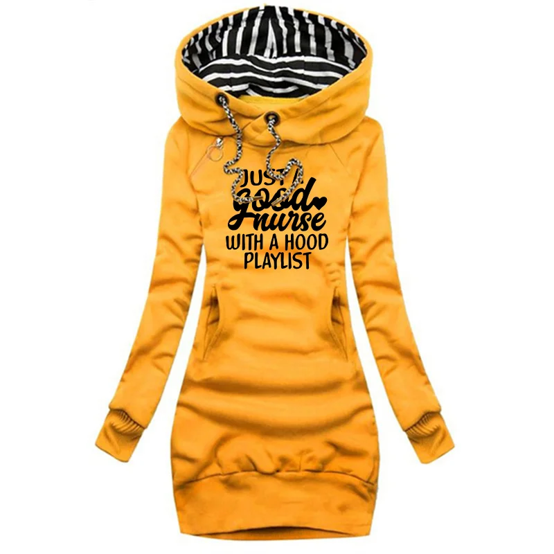 مجرد ضجيج جيد مع قائمة تشغيل هود طباعة الخريف الشتاء المرأة أزياء مقنعين اللباس هوديي اللباس المرأة سترة اللباس