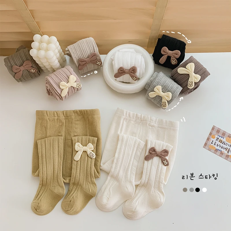 Spring Autumn Bow Baby Leggings Embroidery High waist Combed Cotton Girls Pantyhose Bottom Foot Pants for 0-1years