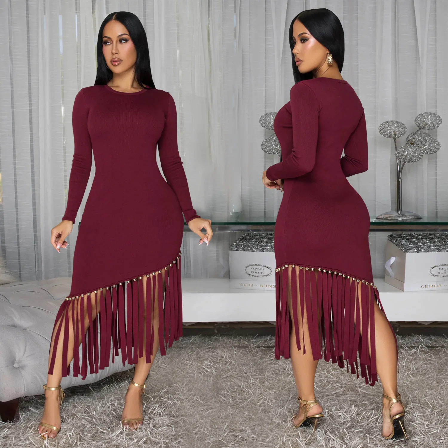 فستان خريف وشتاء للشارع للنساء سادة برقبة دائرية وأكمام طويلة وحاشية نحيفة فساتين طويلة ميدي عتيقة مثيرة Vestido2025