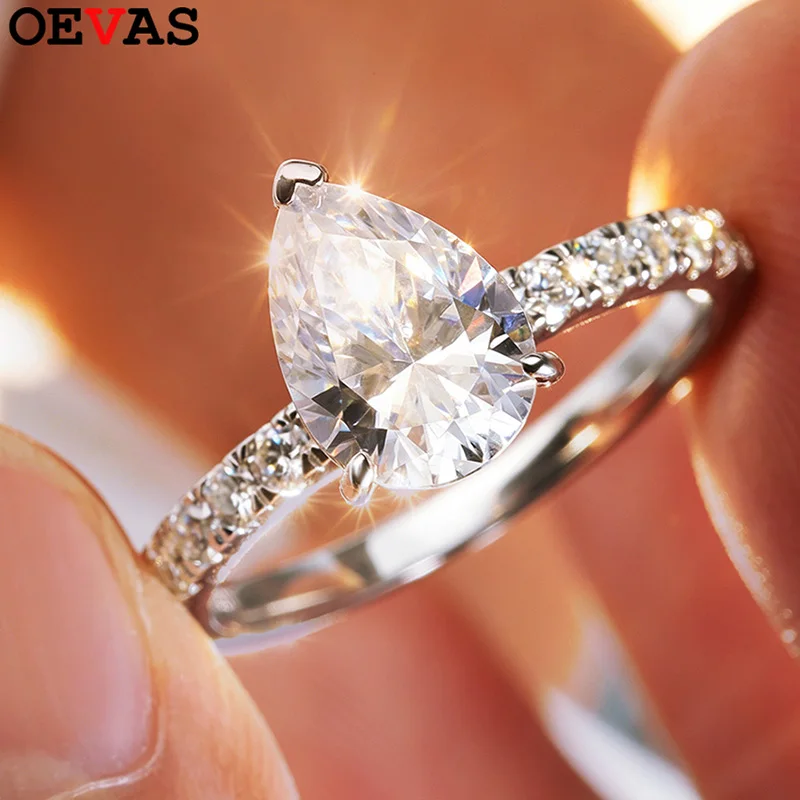 OEVAS 2CT 7x10mm Pear Cut Full Moissanite Ring for Women S925 Silver Plated 18K Gold Eternity Band Wedding Fine Jewelry Gift