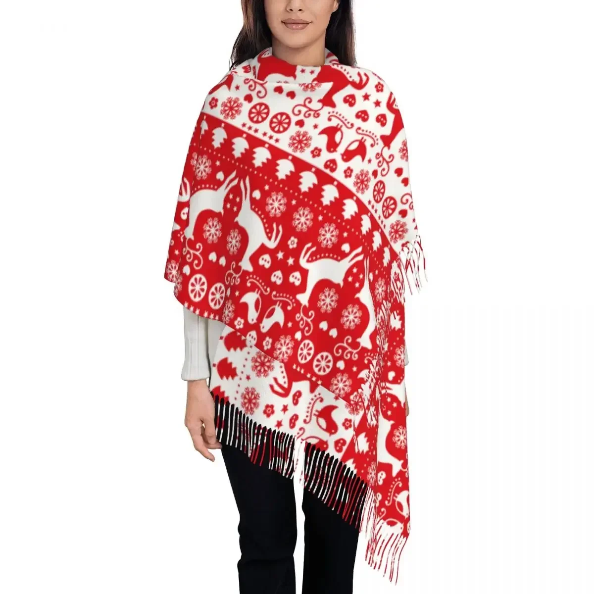 Red Merry Christmas Reindeer Shawls Wraps for Women Warm Large Soft Scarf New Year Ugly Sweater Pattern Pashminas Shawl Scarves