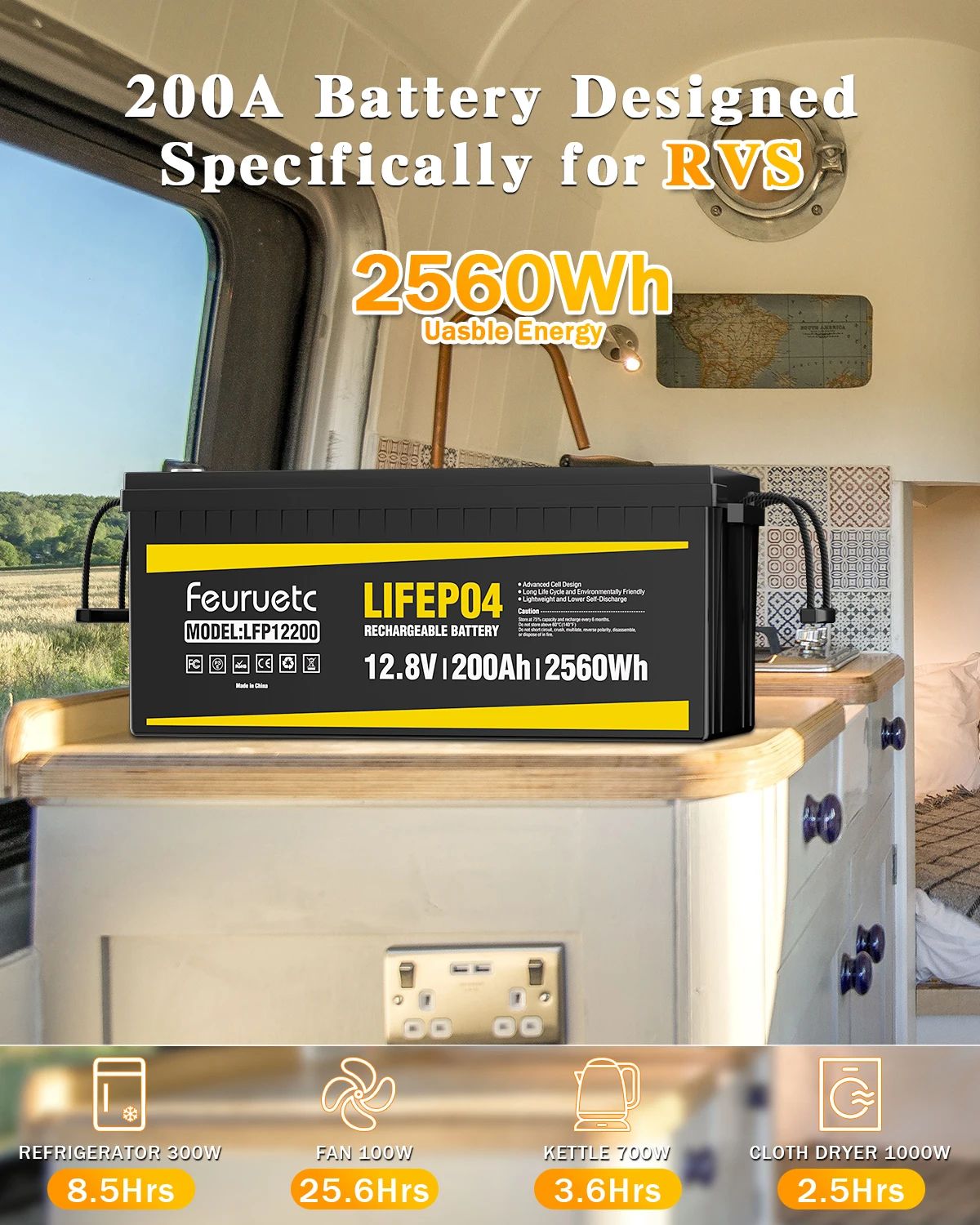 12V 200Ah Lithium LiFePO4 Battery，4000~8000 Cycles， Built-in BMS， Perfect for RV, Solar, Overland, Off-Grid, Home Energy Storage