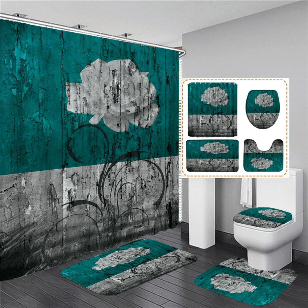 

Shabby Old Plank Flower Shower Curtain Set Toilet Cover Rug Carpets Non-slip Kitchen Bath Mat Wooden Board Bathroom Sets Decor