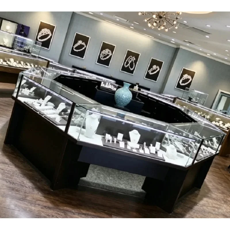 custom.Modern Octagonal Black Jewelry Interior Design, Complete Turnkey Fixture Package with Central Showcase