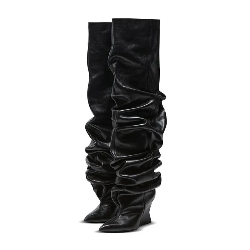 

Fashion Women Pointed Toe Over The Knee Boots for Woman's Slip-On Natural Stacking Wedges Botas Mujer 2025 Strange Heels Shoes