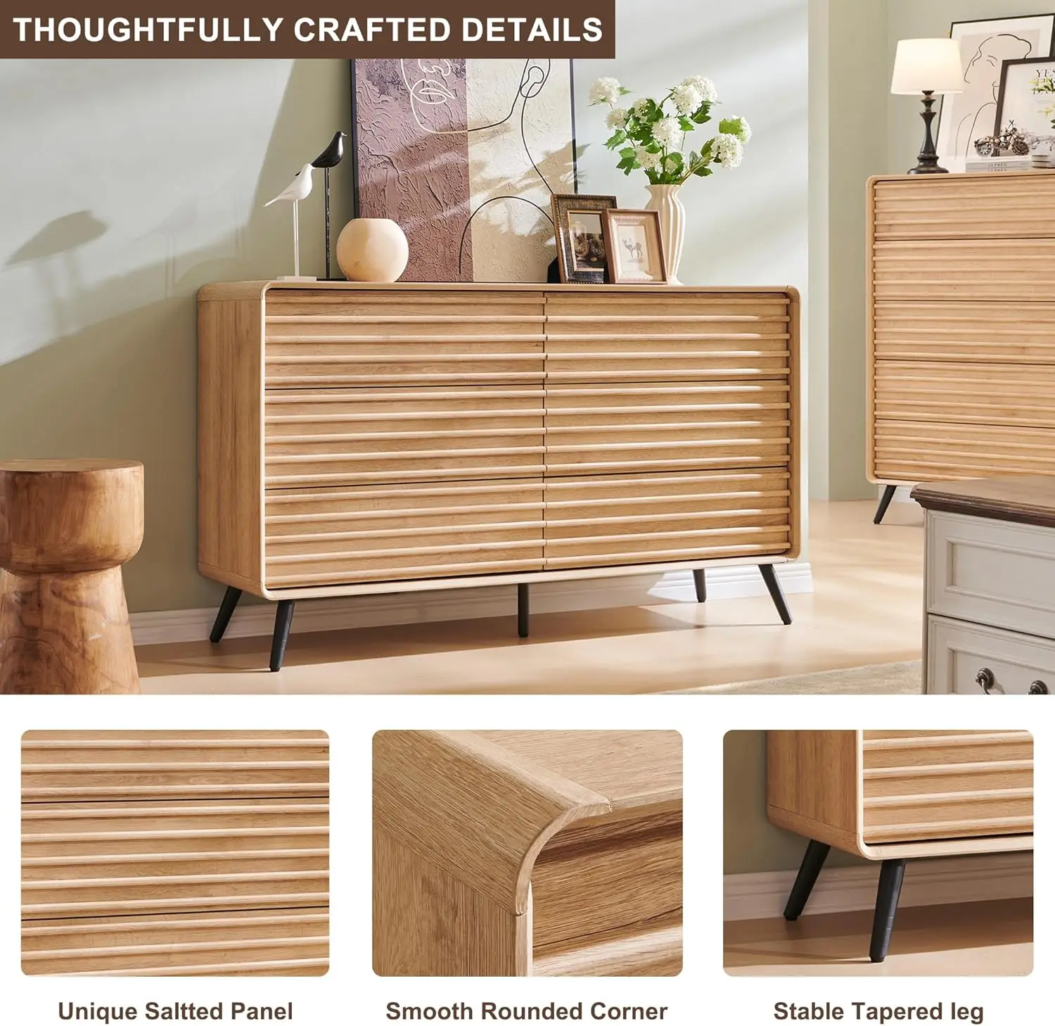 Commode cannelée moderne à 6 tiroirs, commode en chêne naturel de 54 pi avec pieds coniques pour chambre à coucher, salon, couloir