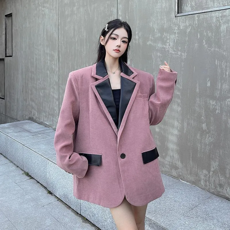 Primavera outono nova casual couro do plutônio emenda terno jaqueta feminina moda couros blazer casaco feminino solto outerwear maré b1320