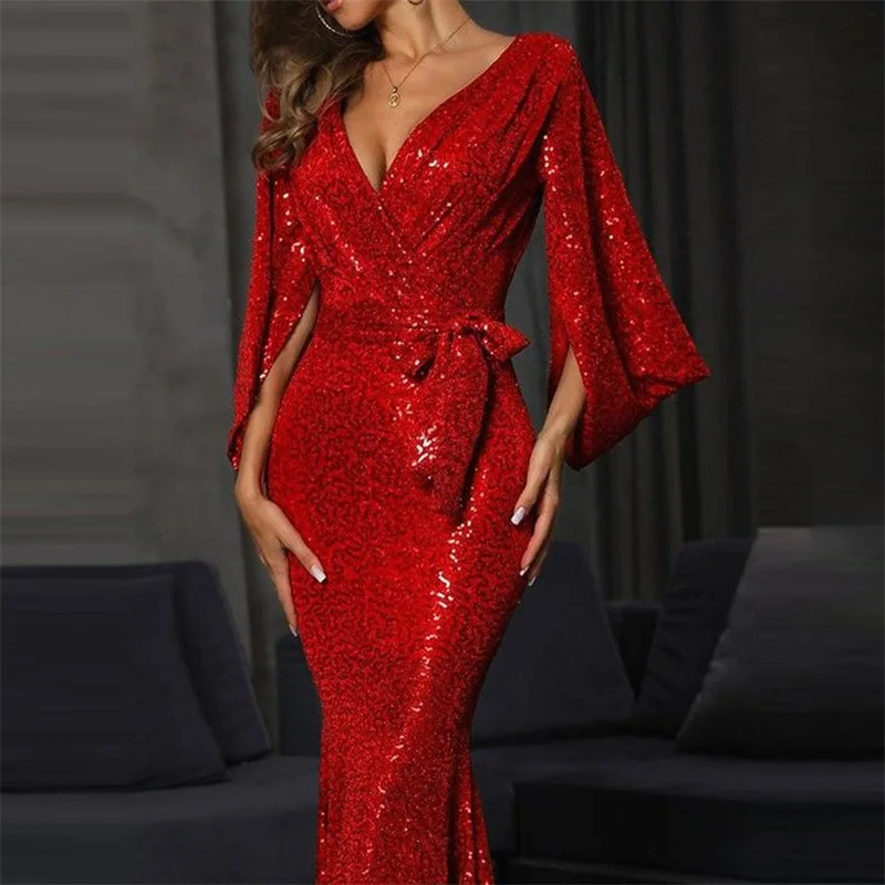 Sequins Paillette High Split Women Prom Dress Waistband Deep-V Neck Party Gown Red Long Sleeve Evening Dress New Design In Stock