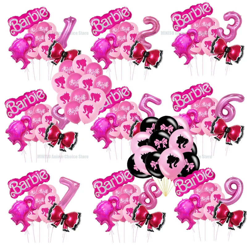 

2024 Princess Barbie Party Numbers 1-9 Foil Balloon Set Children's Girl Pink Birthday Party Themed Balloons Decoration Supplies