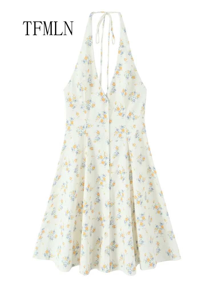 TFMLN 2023 Zomer Vrouwen Bloemenprint Halter Jurk Zoete Dames Single Breasted Party A-lijn Jurk Mode Causale Backless Jurk