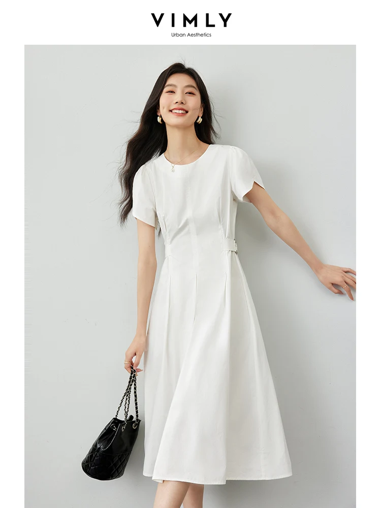 

Vimly Black Elegant Pullover Cotton 100% Summer Midi Dress 2024 Round Neck Puff Sleeve Solid A-line Dresses for Women M7050