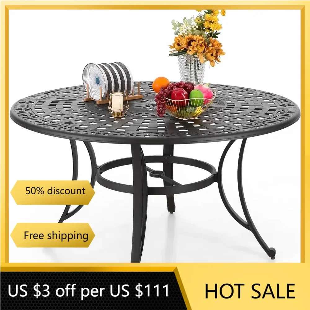 

Round Patio Dining Tables for 6 Person, Outdoor Aluminum Table 54" Dia with 2.1" Umbrella Hole, Lawn Garden Tables