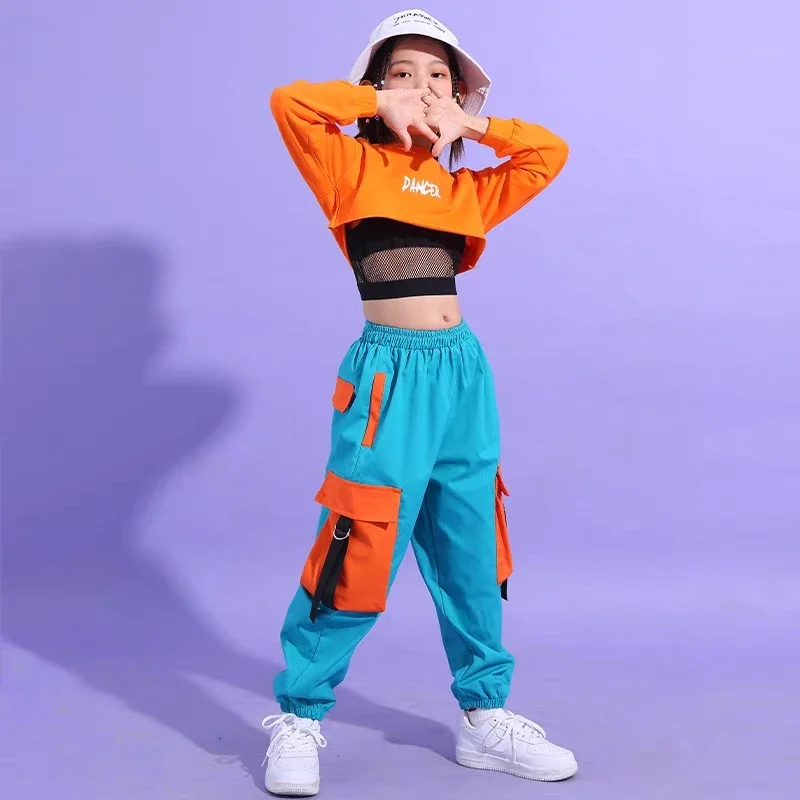 Hip Hop Girls Crop Top contrast Cargo Pants Child Jazz Joggers Streetwear Sweatshirt Kids Street Dance Cheerleader Clothes Sets