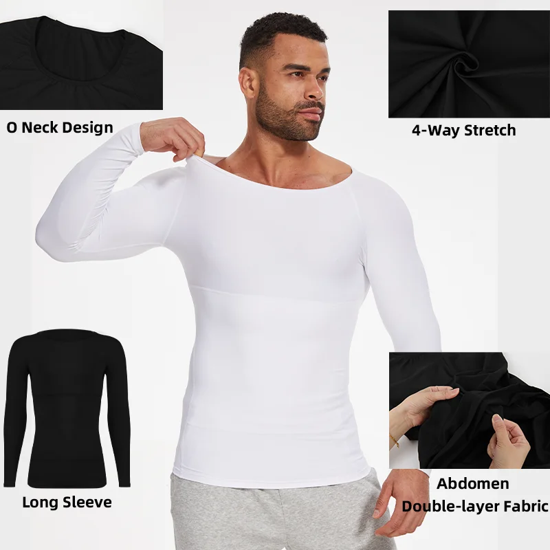 Compression Shirts for Men Long Sleeve Slimming Tummy Control Body-Shaper Waist Trainer Undershirt Belly Flat Shapewear