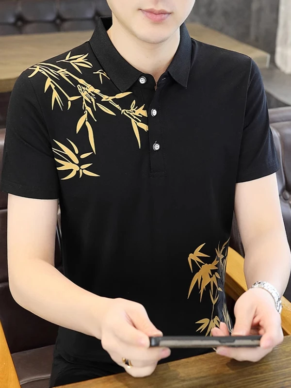 

New 2025 Men's ort Sve T-irt Cotton irt Bamboo Print Faionable f Sve Pure Cotton irt Collar Summer Top