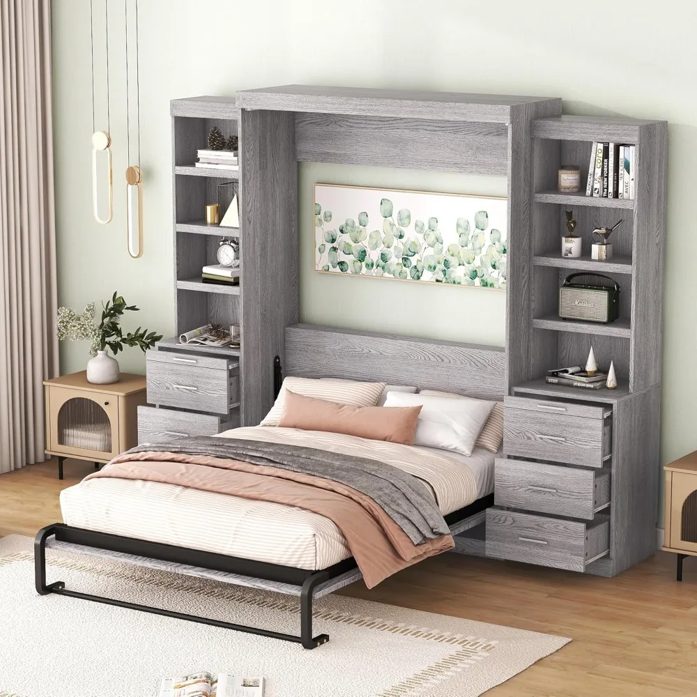 Multifunctional Full Size Murphy Bed with Storage Shelves and Drawers, Solid Wood Platform Bed Wall Bed Cabinet Bed Guest Room