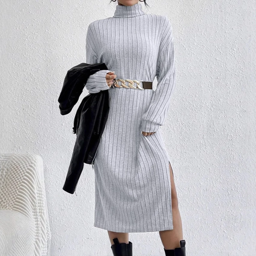 New Autumn Winter Solid Long Sleeve Turtleneck Maxi Dress Women casual Skinny Elastic Side slit Straight Knitted Dresses Fashion