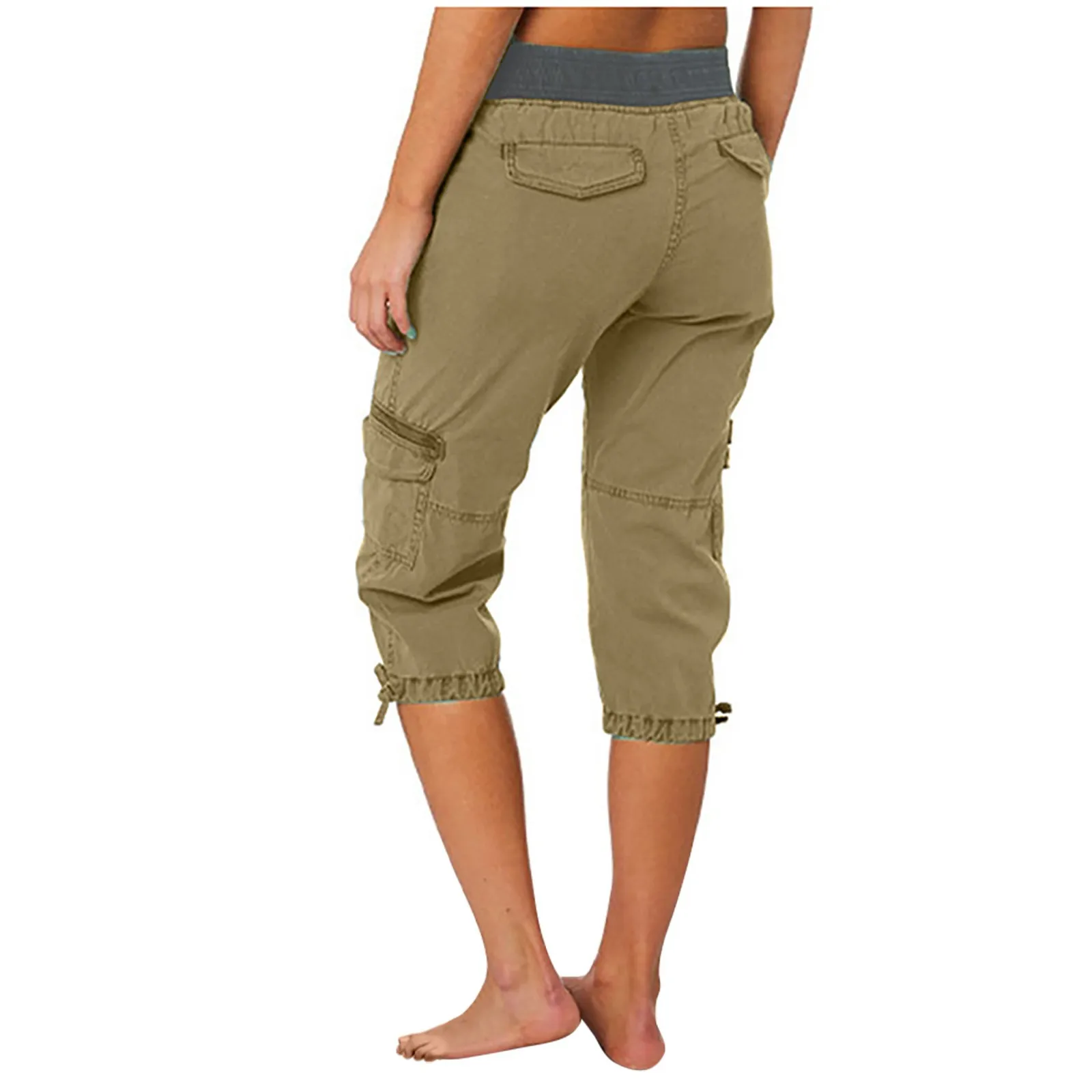 2026 Women's Summer Casual High Waist Drawstring Pocket Workwear Pants Solid Loose Wide Leg Extendable Cuffs 7-inch Pants Female