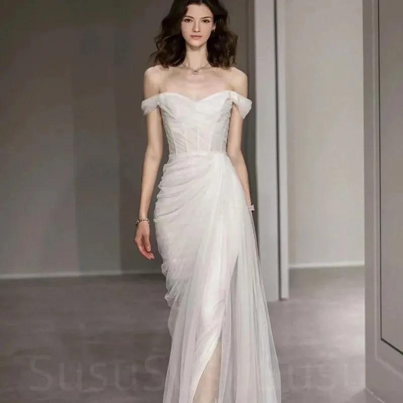 

2023 New Simple Sweetheart Tulle Wedding Dress Illusion Cap Sleeves Mermaid Side Bridal Gown Split Back Robes De Marié