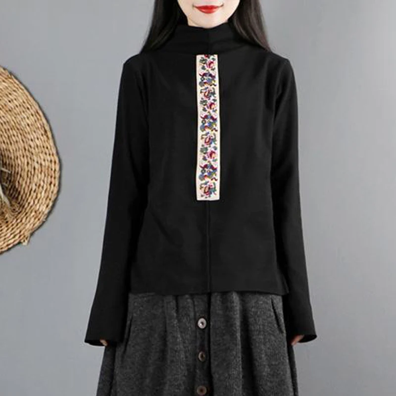 Women Vintage Chinese Ethnic Style Embroidery Patch High Collar T-shirt Autumn Winter Long Sleeve Slim Thick Basic Pullover Tops