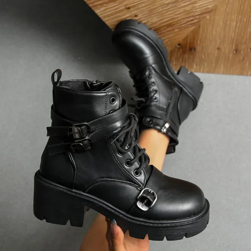 

Medium Block Heel Soft Sole Thickened Leather Boots Shoes Warm Booties Shoes Temperament Shoes