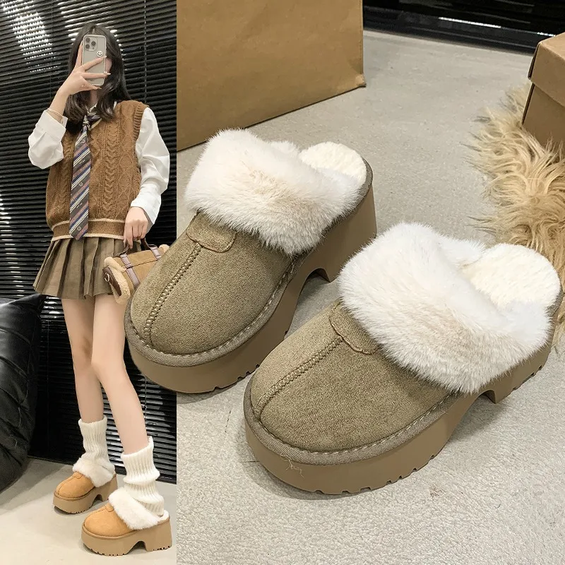 Couvre-chaussures Parker House Slippers pour femmes, tongs en fourrure à plateforme, pantoufles en peluche, bottes de neige en peau de mouton, pantoufles de maison, 2024