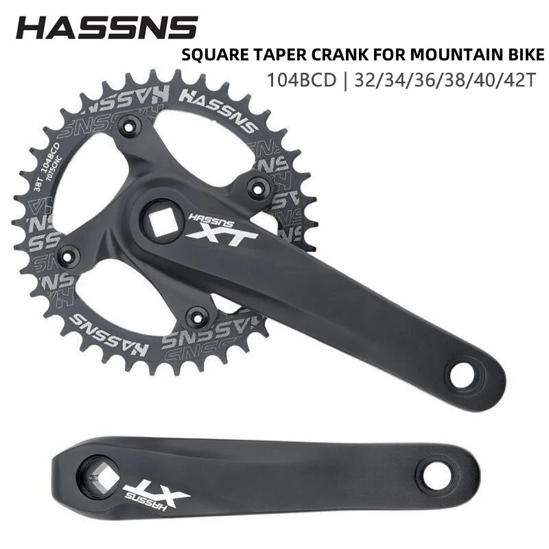 HASSNS Mountain Bike Square Taper Crankset with Positive Negative Teeth 104 BCD Single Chainring For Upgrades