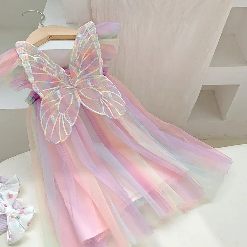 Baby Girls Gradient Rainbow Tulle Sling Dress Back Butterfly Mesh Vestido Vintage Children Wedding Birthday Party Princess Dress