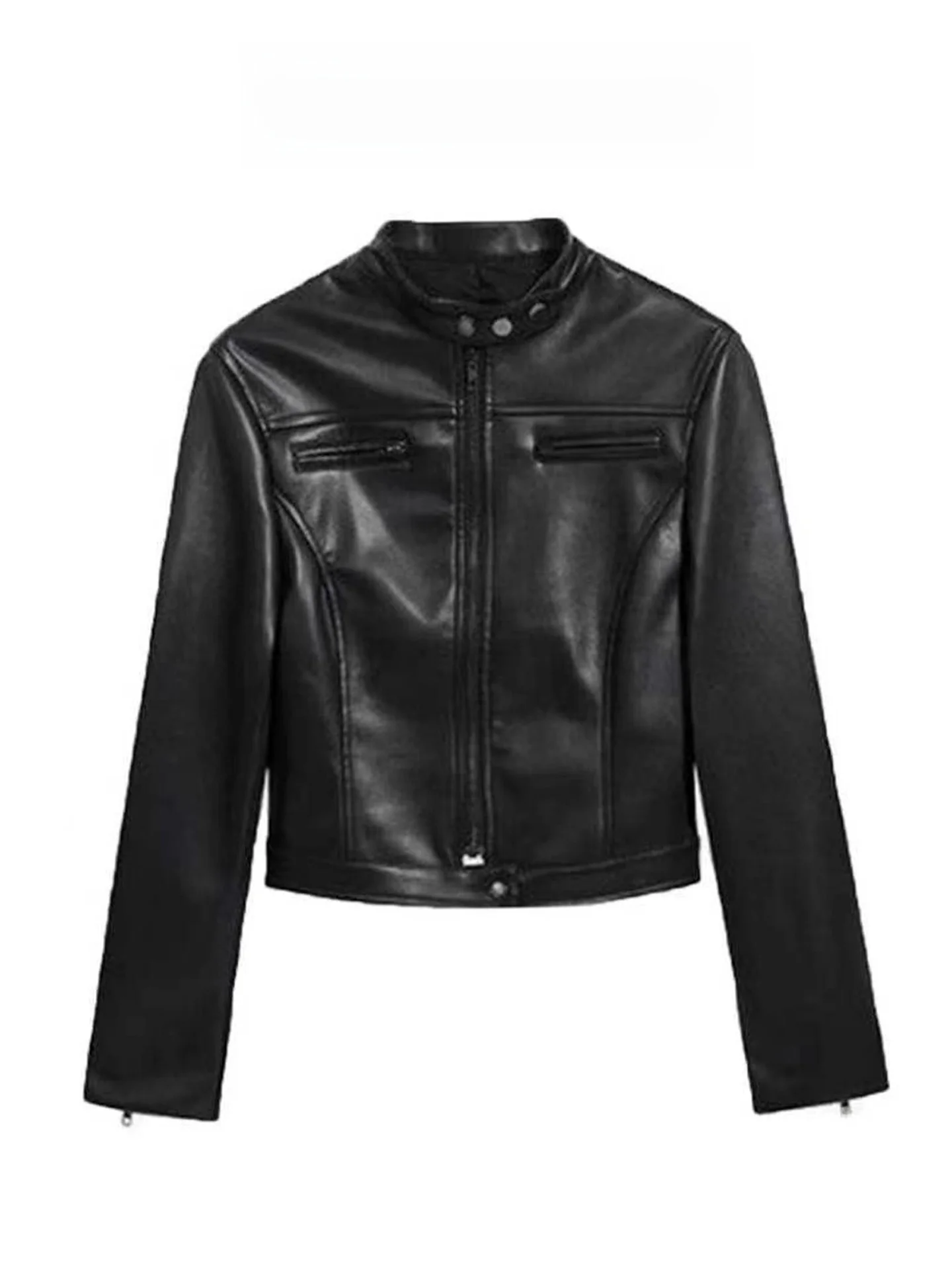 Cool Black Leather Jacket Short Fit Stand Collar Biker Style Women's Outerwear Spring Autumn New Model Straight Tube Type