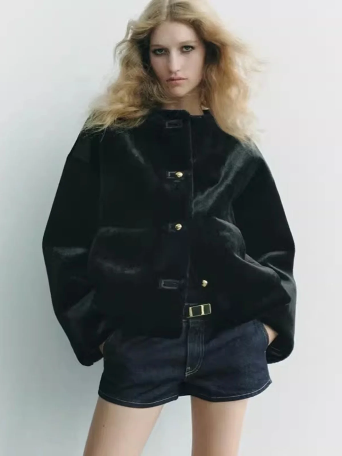 

Casual Long Sve Faux Fur Effect Jaet Women's Winter Thiened Outerwear Sli Leisure round Ne Coat for Ladies