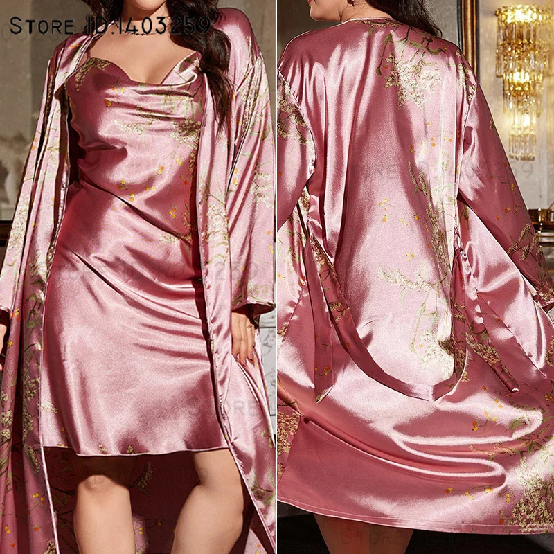 Plus Size 3XL-5XL Female 2Pcs Robe Set Chemise Nightgown Print Cherry Kimono Bathrobe Gown Sleepwear Satin Home Dress Loungewear