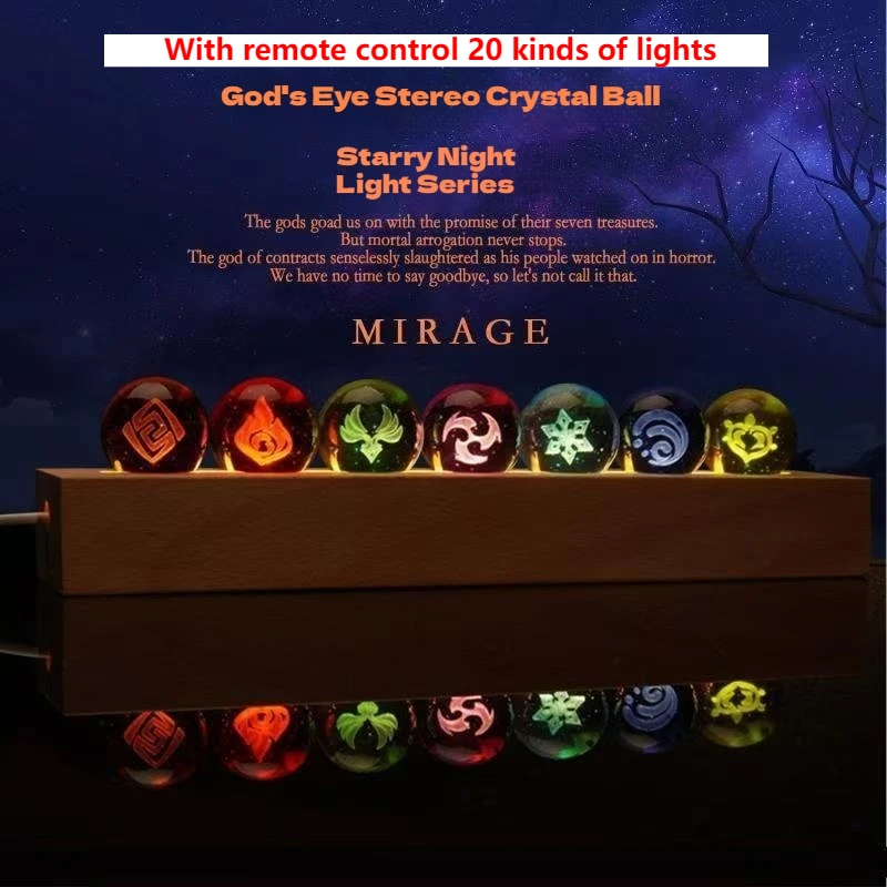 Genshin Impact 6cm Crystal Ball Night Light 3d Internally Carved Seven-Element Crystal Atmosphere Light Ornament Two-Dimensional