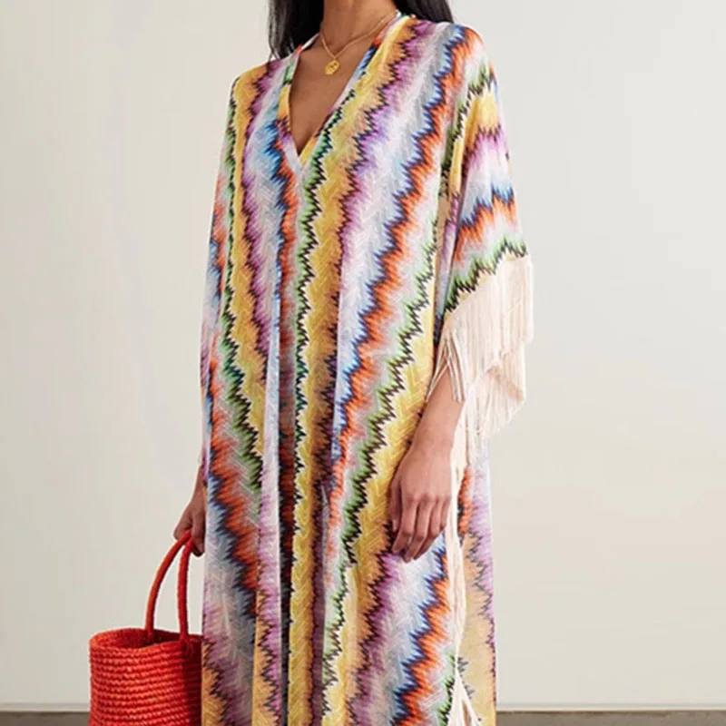 Boho kleurrijke gestreepte print splitsen kwastje jurk vrouw lente v-hals losse lange jurk herfst halve mouw vakantie strand coverup