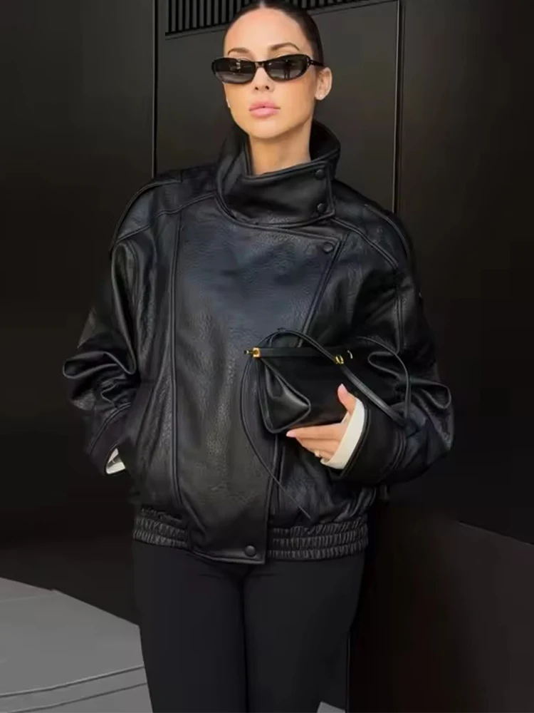 TFMLN chique zwarte kunstleren jassen dames lange mouwen knoppen elastische oversized jassen mode 2025, herfst winter streetwear - afbeelding 2
