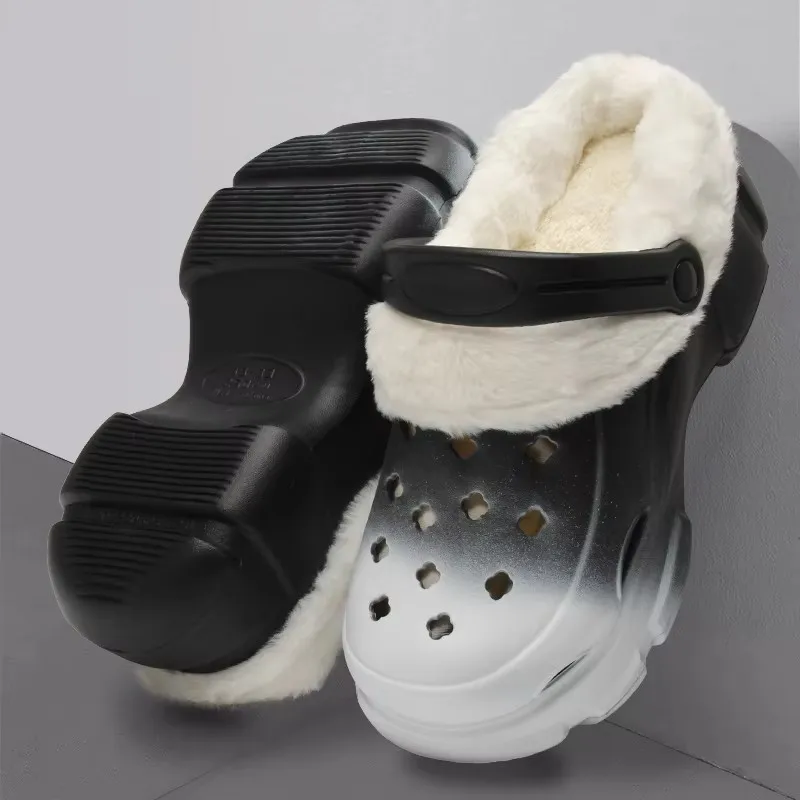 Gradient Fur Lined Platform Clogs Men EVA Thick Sole Warm Winter Plush Hole Shoes Adjustable Strap Non Slip Garden Slippers