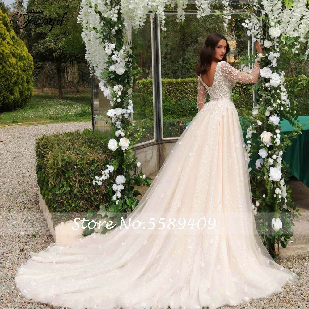 Abiti da sposa di lusso a sirena personalizzati con scollo a V manica lunga Vestido De Novia pizzo fiori 3D treno staccabile Robe De Mariee