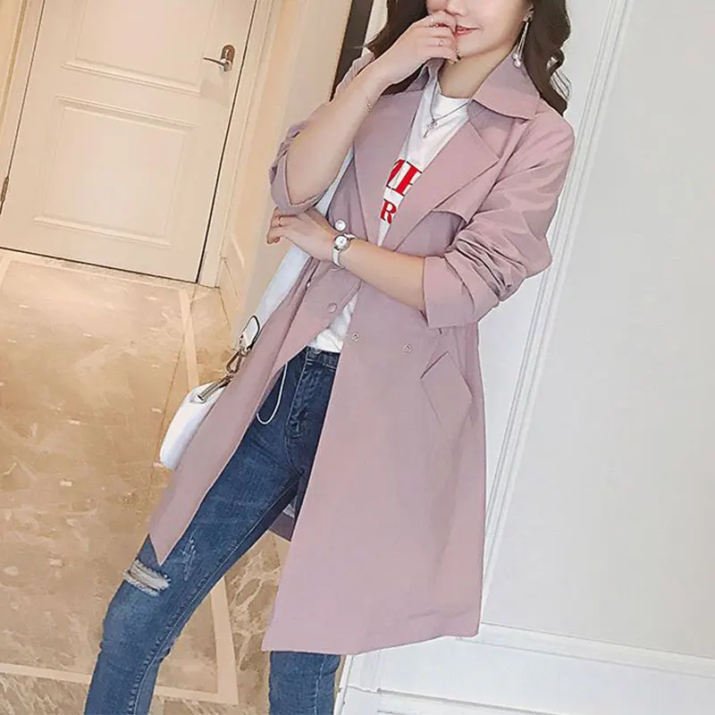 Women's Monochromatic Windbreaker Korean Fashion Simplicity Office Lady Clothes Casual Temperament All-Match Thin Coat Autumn