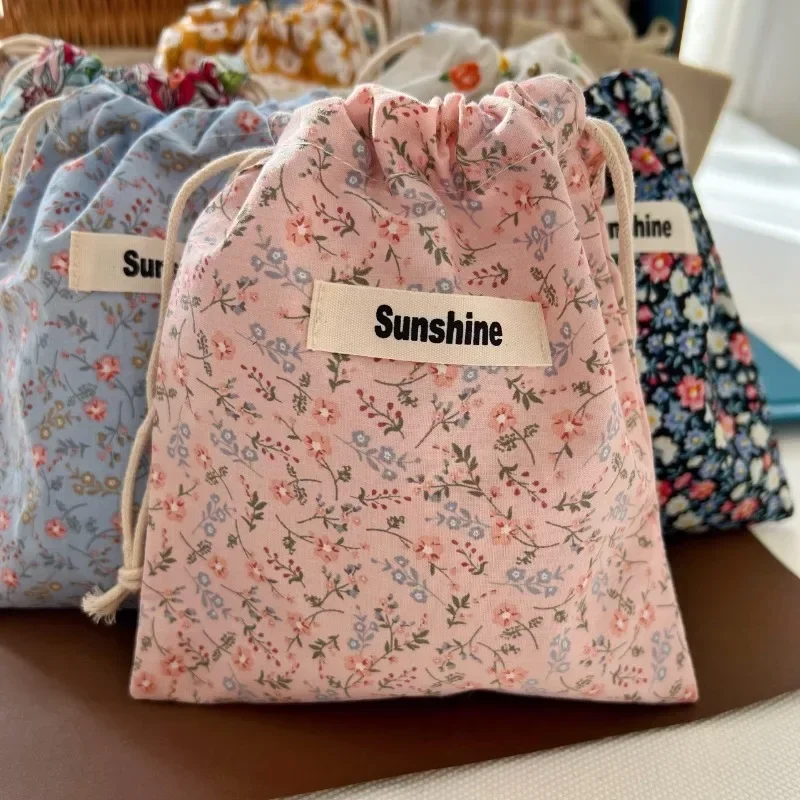 Printed Flower Drawstring Cosmetic Bags Cotton String Pocket Pack Travel Outdoor Drawstring Diaper Storage Bag