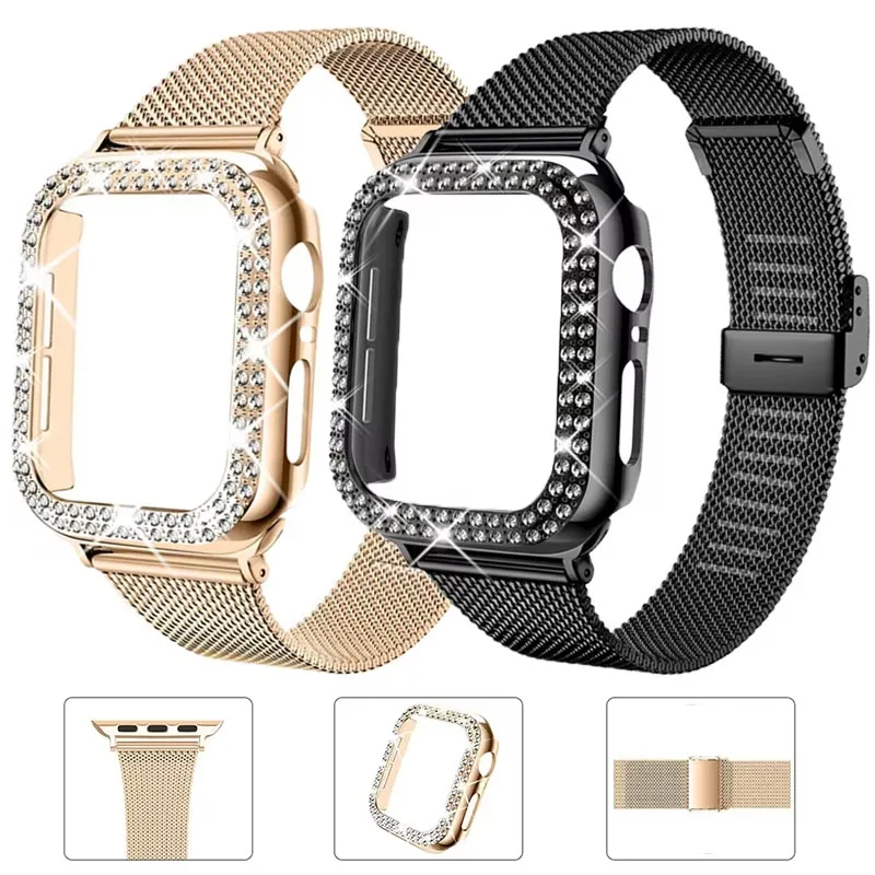 Diamantgehäuse + Milanese-Armband für Apple Watch Band 44 mm 40 mm 45 mm 41 mm Slim Loop Metallbänder Armband iWatch Serie 9 8 7 6 5 4 Se